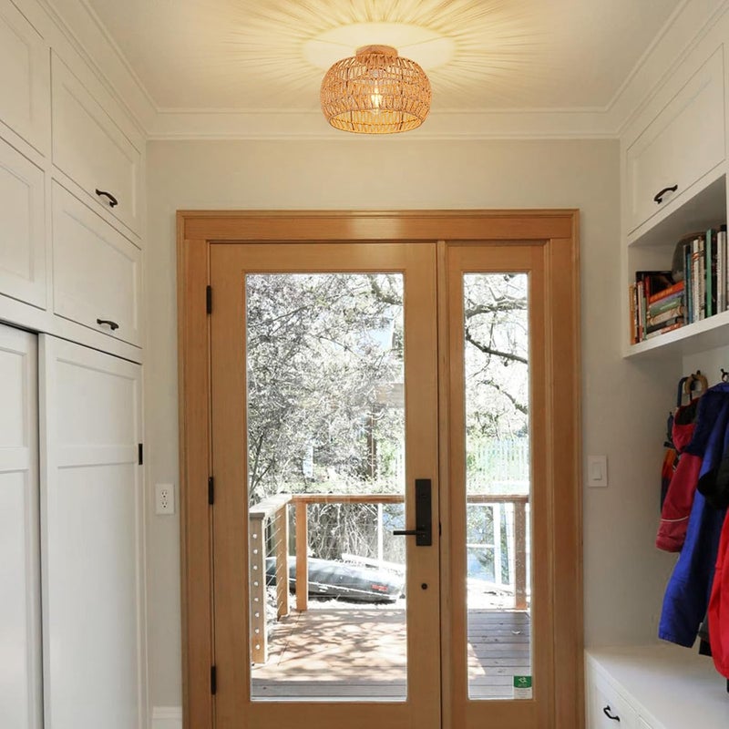 OCWHT Boho Ceiling Light Fixtures Rattan Chandelier Bedroom Light Small Rattan Flush Mount Ceiling Light Hand-Woven Chandelier for Nursery Light Kitchen Farmhouse Chandeliers - Image 2
